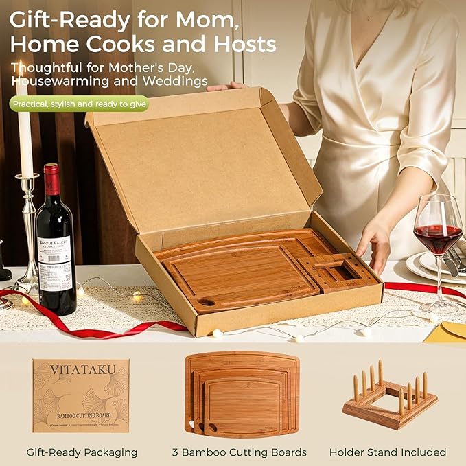 3-Piece Carbonized Bamboo Cutting Board Set with Wood Storage Stand, 15.4" Large Wooden Chopping Boards for Kitchen, Non Toxic Pre-Oiled Charcuterie Serving Tray, Kitchen Gifts