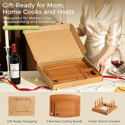 3-Piece Carbonized Bamboo Cutting Board Set with Wood Storage Stand, 15.4" Large Wooden Chopping Boards for Kitchen, Non Toxic Pre-Oiled Charcuterie Serving Tray, Kitchen Gifts