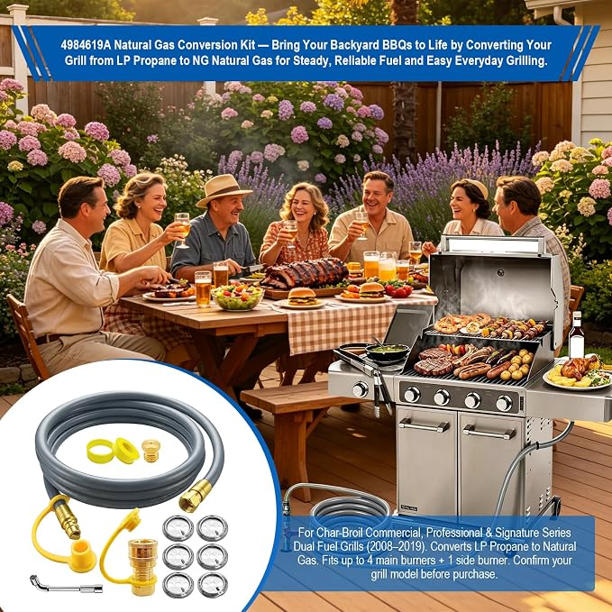 4984619A Natural Gas Conversion Kit Compatible with Char-Broil Commercial & Signature Series Dual Fuel Grill(2008 to 2019), Propane to Natural Gas Conversion Kit w/ CSA Gas Hose & 3/8" Quick Connect.