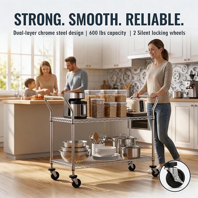 Finnhomy 2 Tier Commercial Grade Rolling Cart, Heavy Duty Utility Cart, Carts with Wheels and Handles, Kitchen Carts on Wheels, Metal Cart with 600 lbs Capacity, Shelf Size 23.6"Dx47.2"W x 39.4"H, NSF