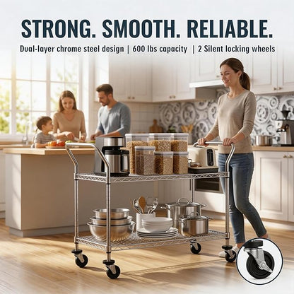 Finnhomy 2 Tier Commercial Grade Rolling Cart, Heavy Duty Utility Cart, Carts with Wheels and Handles, Kitchen Carts on Wheels, Metal Cart with 600 lbs Capacity, Shelf Size 23.6"Dx47.2"W x 39.4"H, NSF