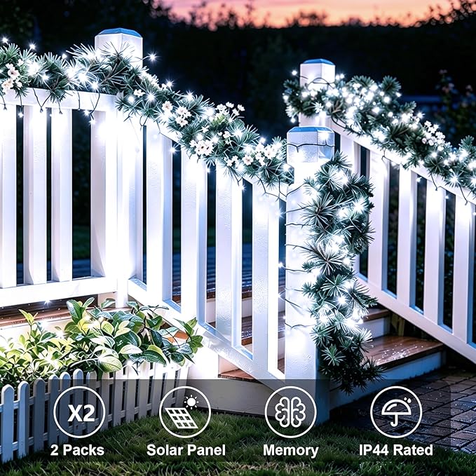QITONG White Solar String Lights Outdoor Waterproof, 2 Pack Each 66ft 200 LED Solar Powered Christmas Lights, 8 Modes Green Wire Solar Fairy Lights for Outside