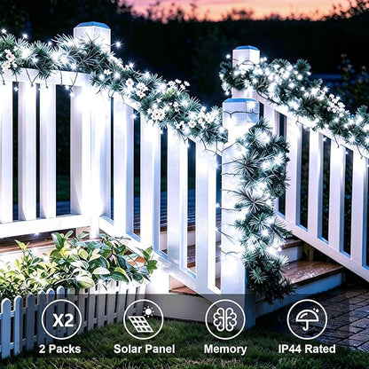 QITONG White Solar String Lights Outdoor Waterproof, 2 Pack Each 66ft 200 LED Solar Powered Christmas Lights, 8 Modes Green Wire Solar Fairy Lights for Outside
