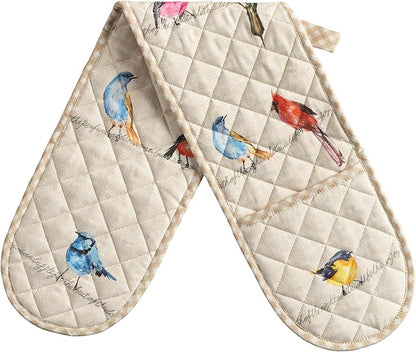 Maison d' Hermine Double Oven Mitts 100% Cotton 7"x35" Double Oven Mitt Heat Resistant BBQ Cooking Gloves with Loop Baking Grilling Kitchen Hotel Home Farmhouse Spring Summer (Birdies on Wire)