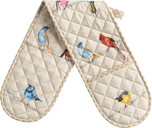 Maison d' Hermine Double Oven Mitts 100% Cotton 7"x35" Double Oven Mitt Heat Resistant BBQ Cooking Gloves with Loop Baking Grilling Kitchen Hotel Home Farmhouse Spring Summer (Birdies on Wire)