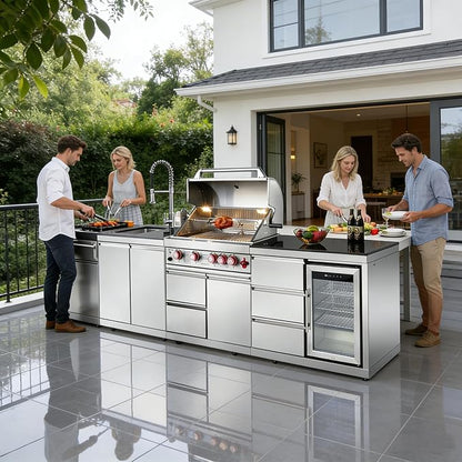 102" Outdoor Kitchen Island with Grill, 4-Burner 59,500 BTU Propane BBQ Island, Refrigerator, Sink with Trash Can Holder & 3-Drawer Cabinet, for Backyard and Patio Cooking, Silver