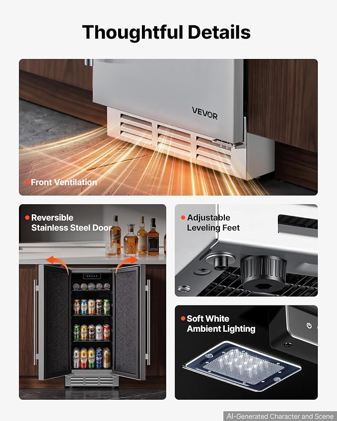 VEVOR Outdoor Beverage Refrigerator, 15 Inch Undercounter Drink Fridge | 304 Stainless Steel Body, 3.0 Cu. Ft, Hold 94 Cans, Powerful Cooling System, Built-in / Freestand Cooler, Home Bar & Patio