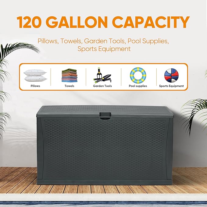ZYJOYY 100 Gallon Resin Deck Box Waterproof Outdoor Storage Box and Patio Furniture Side Table for Pool Accessories, Gardening Tools, Outdoor Indoor Cushions, Lockable, UV Resistant