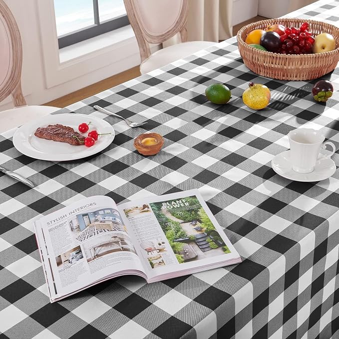 Softalker Gingham Checkered Tablecloth Rectangle - Outdoor Waterproof Buffalo Plaid Table Cloth, Stain Resistant Washable Table Cover for Picnic, Camping - Black and White, 2 Pack - 60 x 120 Inch