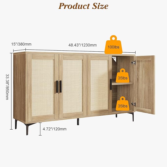 JASIWAY Buffet Cabinet with Storage, 48" Rattan Sideboard with Adjustable Shelves, Modern Coffee Bar Cabinet Console Table with Doors, Credenza for Kitchen, Living Room, Entryway, Dining Room, Wood