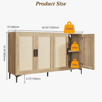 JASIWAY Buffet Cabinet with Storage, 48" Rattan Sideboard with Adjustable Shelves, Modern Coffee Bar Cabinet Console Table with Doors, Credenza for Kitchen, Living Room, Entryway, Dining Room, Wood