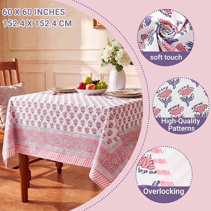 Block Print Tablecloth, 60 x 60 inch Fabric Square Table Cover Flower Table Cloth for Mahjong Weddings Spring Summer and Barbeque Farmhouse Dining Dinner Tablecloth(Style A,Pink)