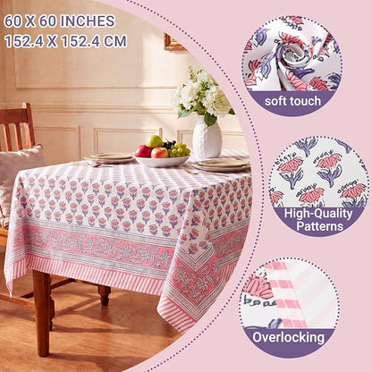 Block Print Tablecloth, 60 x 60 inch Fabric Square Table Cover Flower Table Cloth for Mahjong Weddings Spring Summer and Barbeque Farmhouse Dining Dinner Tablecloth(Style A,Pink)