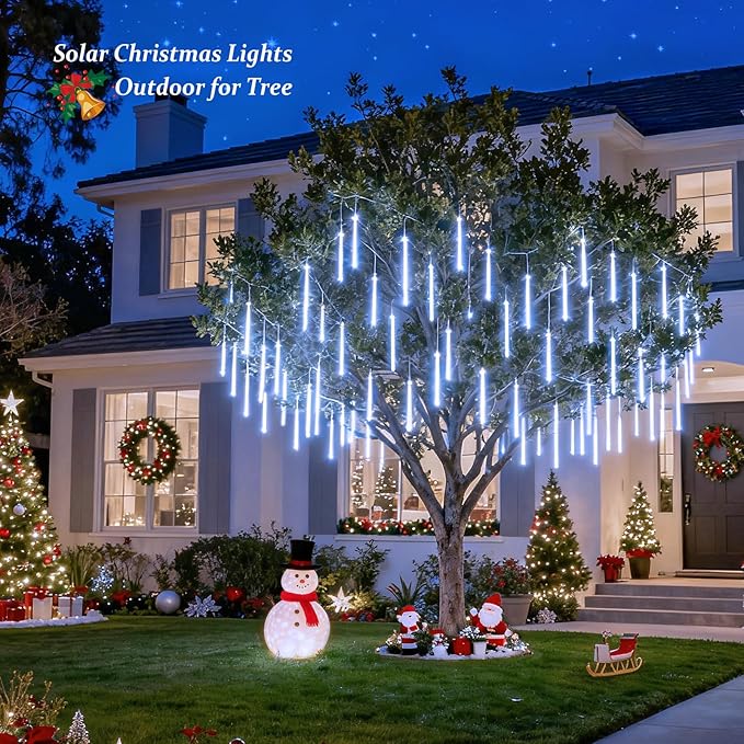 JMEXSUSS Solar Lights Outdoor, 8 Tube 144 LEDs Solar Meteor Shower Lights Outdoor, White Christmas Light for Tree Wedding Xmas Holiday Party Patio Gazebo Decor