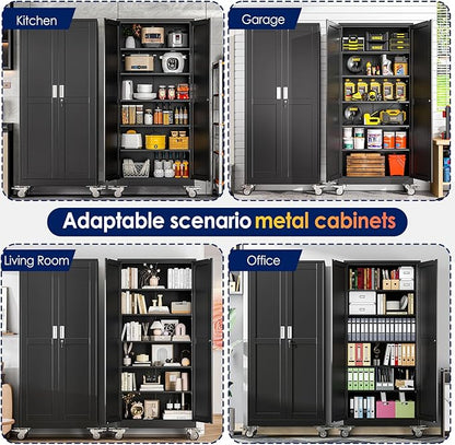 erosoei 75" H Metal Garage Storage Cabinet, Rolling Tool Cabinet with 2 Doors and Wheels, Locker Steel Cabinet with 5 Adjustable Shelves, Organization Cabinet for Garage,Office,Home,Gym,School（Black）