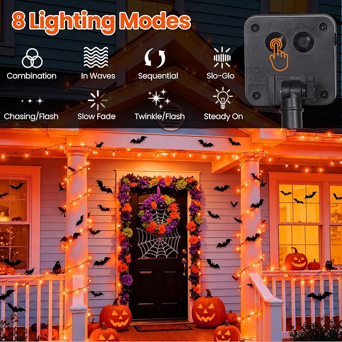 Orange Lights for Halloween Outdoor Solar String Lights Waterproof for Halloween Decorations, Total 100LED 45FT for Garden Yard Pathway Fence, 8 Modes 50LED x 2 Packs