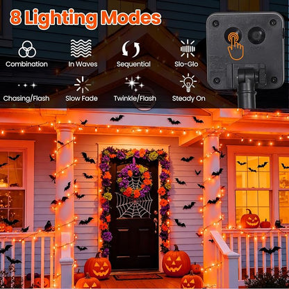Orange Lights for Halloween Outdoor Solar String Lights Waterproof for Halloween Decorations, Total 100LED 45FT for Garden Yard Pathway Fence, 8 Modes 50LED x 2 Packs