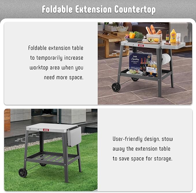 Feasto Movable Outdoor Grill Table Cart, Pizza Oven Stand with Wheels, Stainless Steel Countertop with Foldable Extension Table, Versatile Food Prep Grill Cart for Outdoor BBQ Cooking
