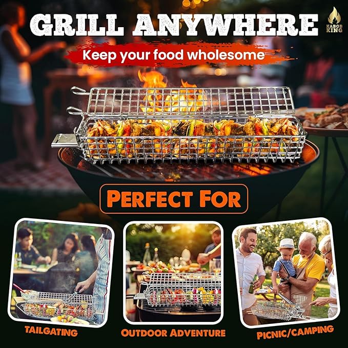 ORIGINAL XL Kabob Grilling Basket Set of 4 with Detachable Handle. UPGRADED DESIGN - New & Improved Stainless Steel Construction with Larger Capacity (12 x 2 x 2) for Outdoor Grilling by Kabob King (With Apron/Storage)