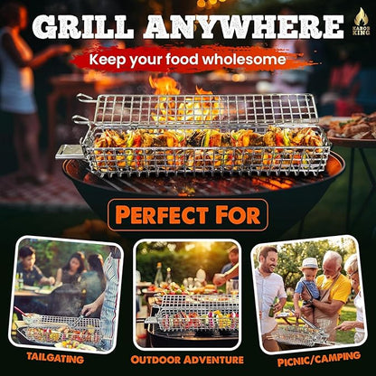 ORIGINAL XL Kabob Grilling Basket Set of 4 with Detachable Handle. UPGRADED DESIGN - New & Improved Stainless Steel Construction with Larger Capacity (12 x 2 x 2) for Outdoor Grilling by Kabob King (With Apron/Storage)