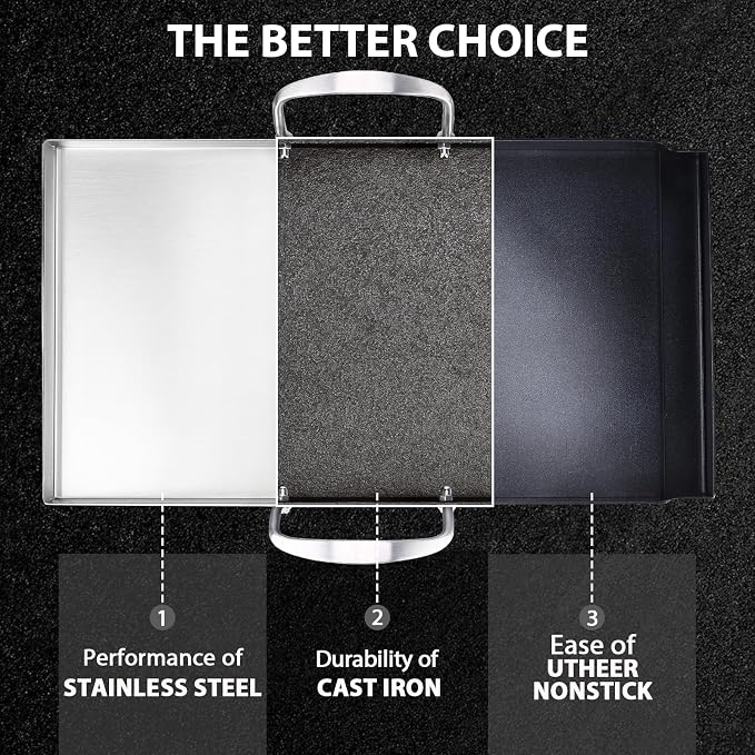 Utheer 19.5 x 10 Stainless Steel Griddle for Gas Grill and Stove Top | Ceramic Nonstick Stainless Steel Griddle Fits Gas Grill, Charcoal Grill and Stove Top with Grease Channel and X-Ridge Base