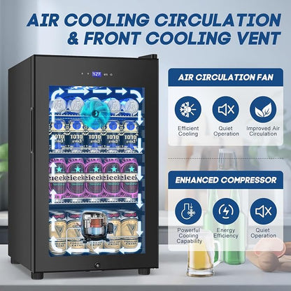 Velivi 17Inch Beverage Refrigerator and Cooler Freestanding, 96 Cans Mini Fridge with glass door and Lock, Small Drink Fridge for Soda, Beer, Wine, For Home Bar Office with LED Light