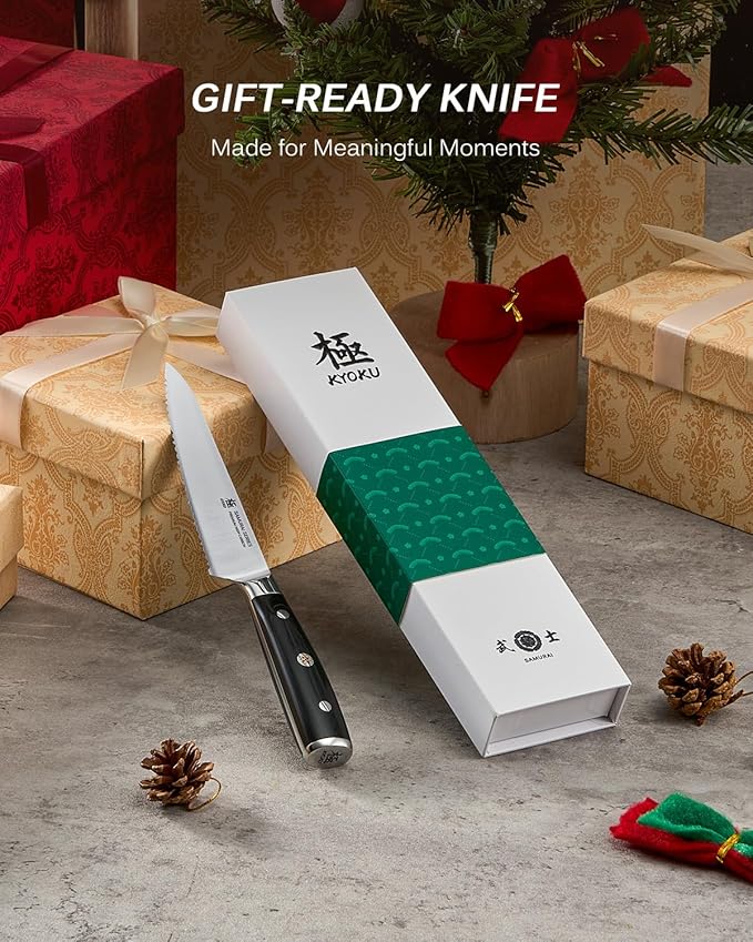 KYOKU 5.5 in. Serrated Utility Knife, Samurai Series Japanese Utility Chef Knife with Pakkawood Handle, German 1.4116 Stainless Steel Full Tang Sandwich Tomato Knife with Protective Sheath & Gift Box