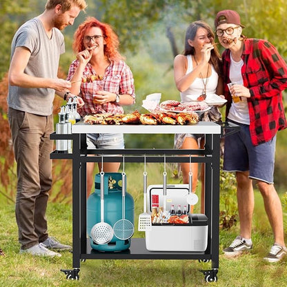 20"x 32" Grill Table with Double-Shelf, Stainless Steel Grill Cart, Multifunctional Food Prep and Pizza Oven Table for Ninja Grill, Blackstone Griddle 17"/22"
