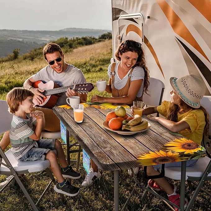 Sunflower Picnic Table Cover with Bench Covers, Waterproof Windproof, Camping Essentials, Fitted Tablecloth Cover with Elastic Edge, for Indoor & Outdoor, Garden, Camping, 3 Pieces Set, 30x72 Inch