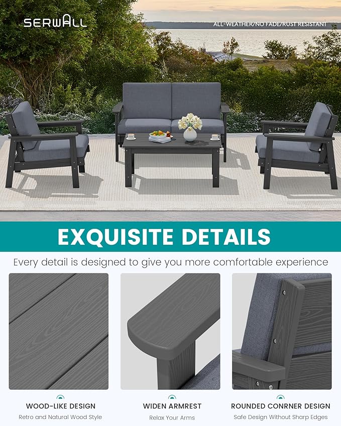 SERWALL HDPE Outdoor Couch, Grey Frame and Grey Cushion
