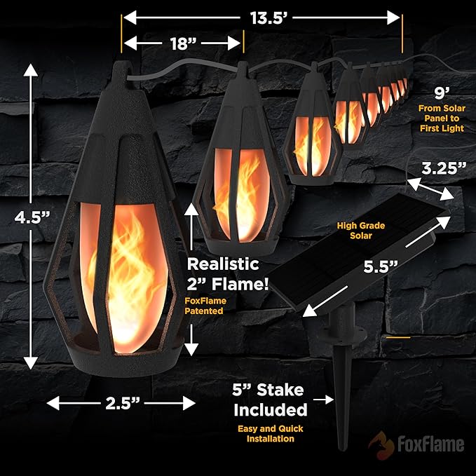 FoxFlame Solar String Lights Outdoor Waterproof, Patented Fire Effect 21 Ft | 10 Flickering LED Bulbs, Solar-Powered Solar Hanging Lights Outdoor for Patios, Porches, Fences and Gardens