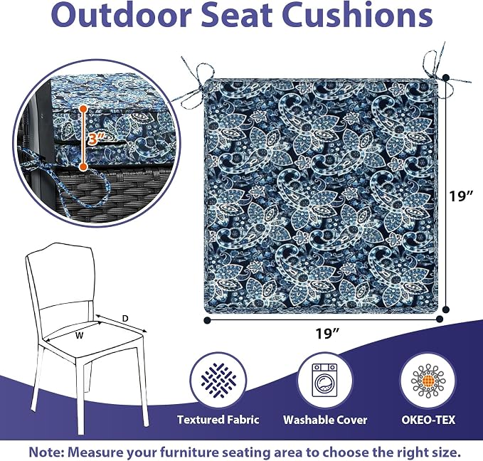 IPYNBAP Outdoor Chair Cushions Set of 4 -Waterproof Outdoor Seat Cushions for Patio Furniture, Patio Chair Cushion with Handle and Ties, Out Door Chair Pads,19x19x3-Square, Green Paisley