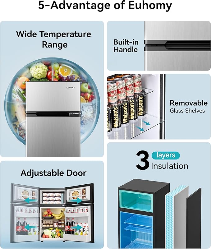 EUHOMY 3.2 Cu.Ft. Refrigerator with Freezer, 2 Door Fridge, Adjustable Thermostat，Large Capacity, Refrigerator for Kitchen/Dorm/Office/Apartment - Food Storage or Cooling drinks, Silver