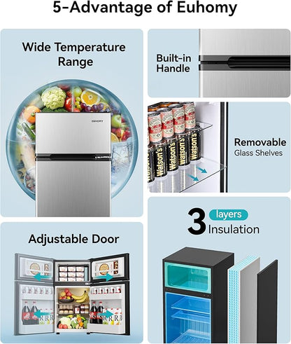 EUHOMY 3.2 Cu.Ft. Refrigerator with Freezer, 2 Door Fridge, Adjustable Thermostat，Large Capacity, Refrigerator for Kitchen/Dorm/Office/Apartment - Food Storage or Cooling drinks, Silver