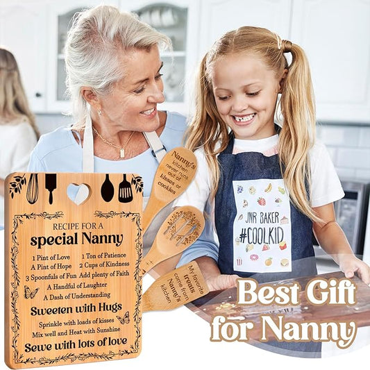 Gifts for Nanny - "Recipe for a Special Nanny" Nanny Gifts Cutting Board Set, Bamboo-Made Engraved Utensil Set Nanny Gifts for Grandma, Mothers Day Gifts for Nanny