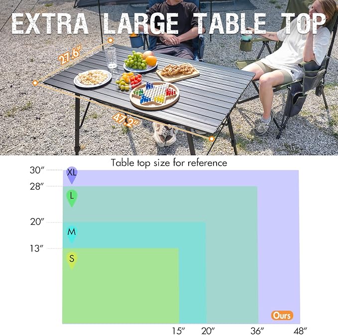 Portal Camping Table Portable Foldable with Adjustable Legs, Aluminum Folding Table Roll Up Table with Carrying Bag for Outdoor, Beach, Picnic, Backyards, BBQ and Party, Black, Big