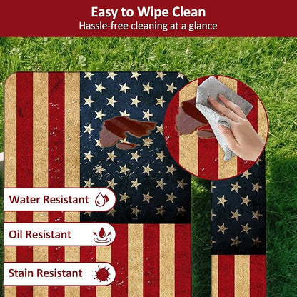8 ft 96 in Picnic Table and Bench Cover, 3 Pack, US Flag | Drawstring Bag, Waterproof Windproof, Elastic Fitted Edges Tablecloth, for Rectangle Table & Seat, Camping Essentials RV Gear