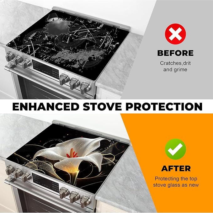Heat-Resistant Glass Stove Top Cover with Anti-Slip Rubber Coating – Electric Stove Protector, Scratch-Resistant, Counter Space Decor Mat (Calla Lily, 28.5"L x 20.5"W)