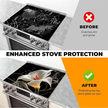 Heat-Resistant Glass Stove Top Cover with Anti-Slip Rubber Coating – Electric Stove Protector, Scratch-Resistant, Counter Space Decor Mat (Calla Lily, 28.5"L x 20.5"W)