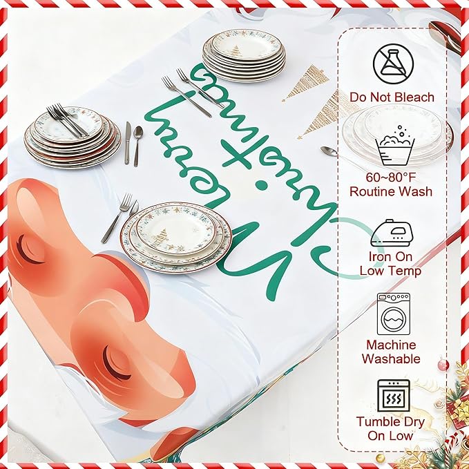 7 Pcs Christmas Tablecloth and Chair Covers Set Stretchable Washable Red Santa Holiday Table Cover and Seat Protector Slipcovers for Xmas Dining Room Kitchen Party(Rectangle,55 x 80 Inch)
