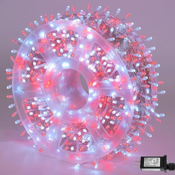 YEGUO 165ft 500 LED String Lights Outdoor Waterproof, Clear Wire Christmas String Lights Indoor Plug in, 8 Modes Twinkle Tree Light for Xmas Party Garden(Red and White)