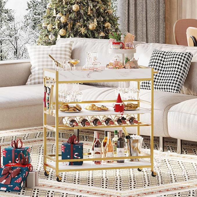 Gold Bar Cart on Wheels for Home with Wine Rack & Glass Holders | 3-Tier, Rolling Serving Cart for liquor, Wine and Beverages, Lockable Mobile Wheels for Home Bars, Faux Marble+ Gold Frame