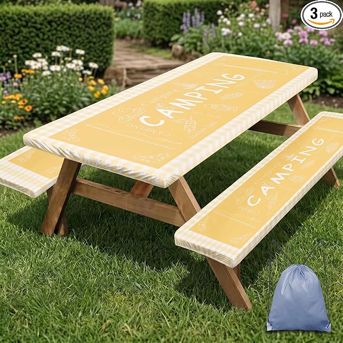 Picnic Table Cover with Bench Covers Elastic Edges, Yellow Camper Fitted Table Cover, Outdoor Patio Camping Essentials 72 Inch 3PCS, Waterproof Camping Fitted Tablecloth with Drawstring Bag