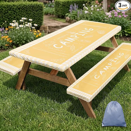 Picnic Table Cover with Bench Covers Elastic Edges, Yellow Camper Fitted Table Cover, Outdoor Patio Camping Essentials 72 Inch 3PCS, Waterproof Camping Fitted Tablecloth with Drawstring Bag