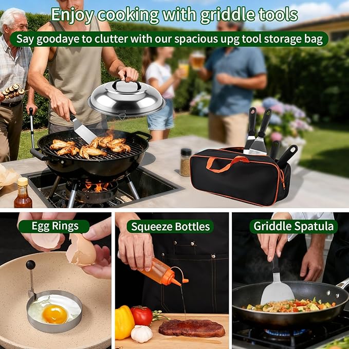 29PCS Griddle Accessories for Blackstone, Premium Stainless Steel Griddle Tool Set with Spatulas, Tongs, Smash Burger Press, Seasoning Bottles, Carry Bag for Camp Chef, Outdoor BBQ