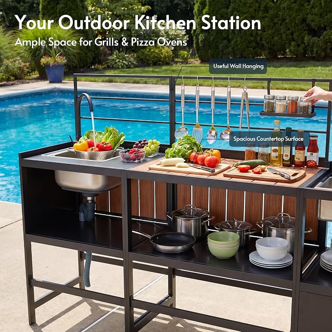 Modular Outdoor Kitchen Island with Sink, 4Pcs Aluminum Outdoor Kitchen Kit | Aluminum Frame, Weatherproof, Modular Grill Cart & Ice box, Large Countertop & Wall Hanging Design, For Patio BBQ, Party
