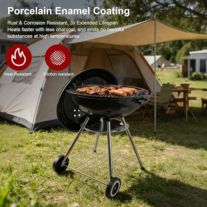 Portable charcoal grill -22 inch water kettle grill with handle, including lid and grill mesh, paired with barbecue tools, suitable for backyard, camping, picnicking, and gatherings (large)