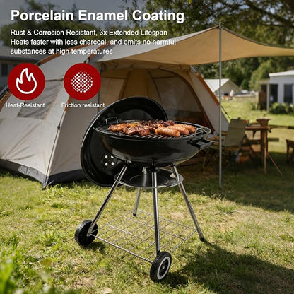 Portable charcoal grill -22 inch water kettle grill with handle, including lid and grill mesh, paired with barbecue tools, suitable for backyard, camping, picnicking, and gatherings (large)
