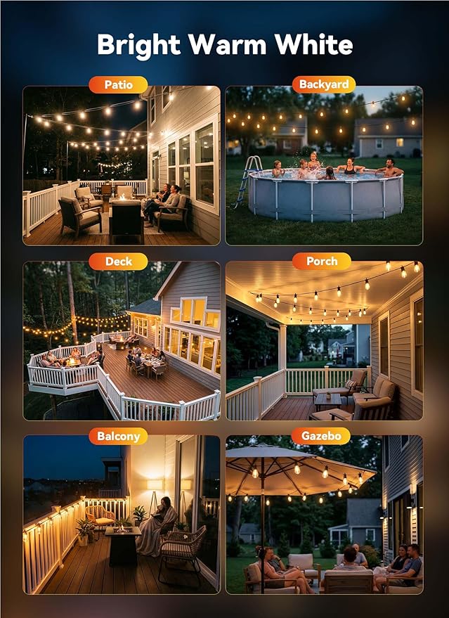 Minetom 80FT Outdoor String LED Patio Lights Waterproof,Shatterproof S14 Vintage Edison Bulbs,Commercial Grade Outside Hanging Lights Waterproof for Porch Deck Garden Backyard Balcony Cafe Bistro