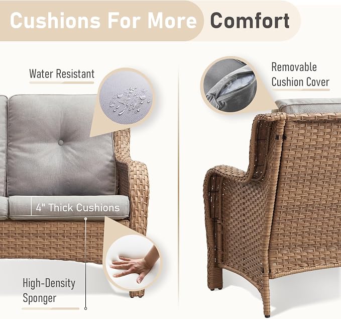 Outdoor Loveseat Sofa-2 Seater Rattan Wicker Patio Couch High Back Patio Sofa for Porch Deck Backyard-Yellow/Beige